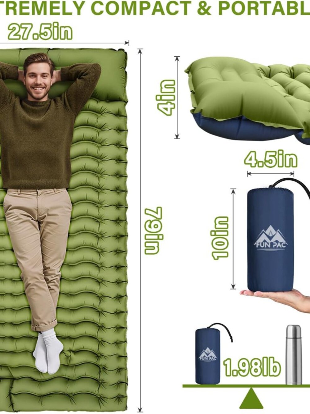Camping Sleeping Pad, Ultralight Camping Mat with Pillow, Built-in Foot Pump Inf - Picture 2 of 8